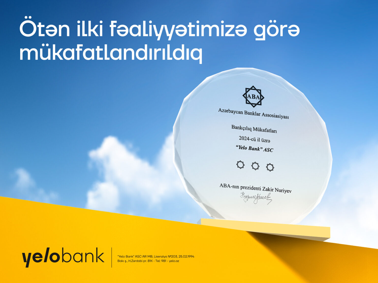 Yelo Bank 2024-cü ildəki fəaliyyətinə görə mükafatlandırıldı Aba yelo pr aze .jpg