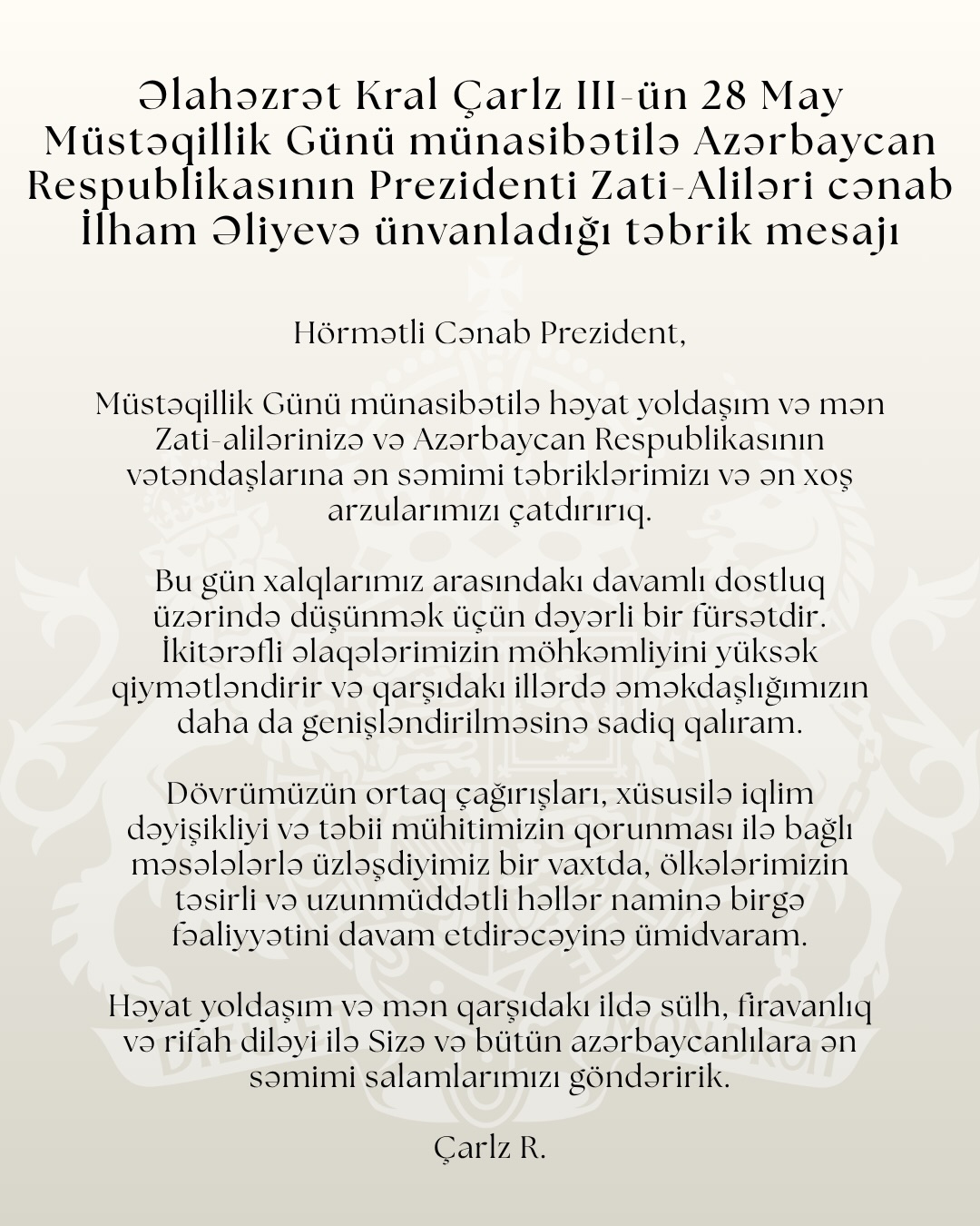 Britaniya Kralı İlham Əliyevi təbrik edib - Şəkil 1